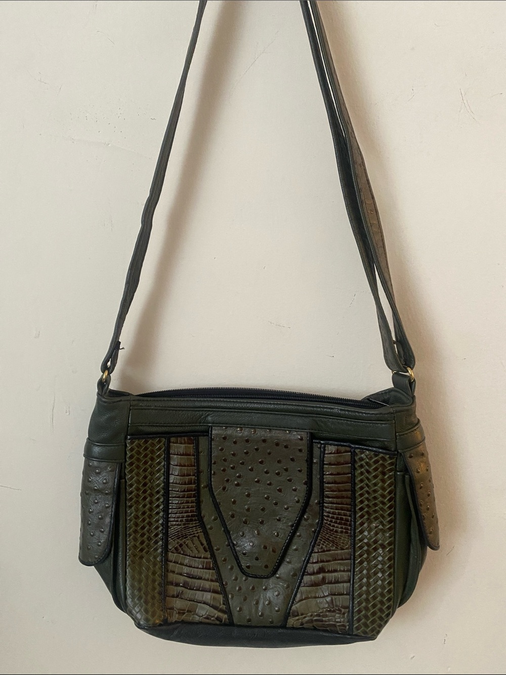 Olive Green Textured Leather Crossbody Bag